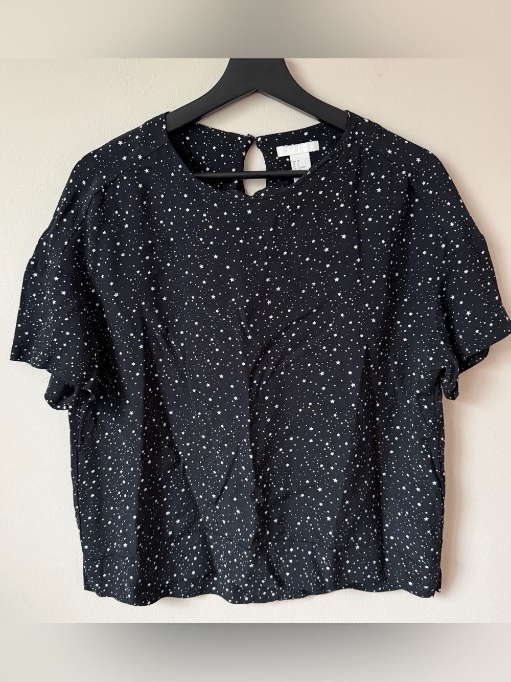 H&M Black White Star Print Short Sleeve Blouse Flowy Festival Top Size 8